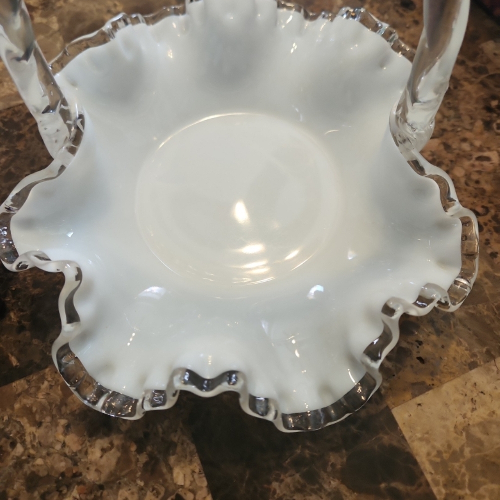 Vintage Fenton Silver Crest Milk Glass Basket – Clear Ruffled Edge & Handle